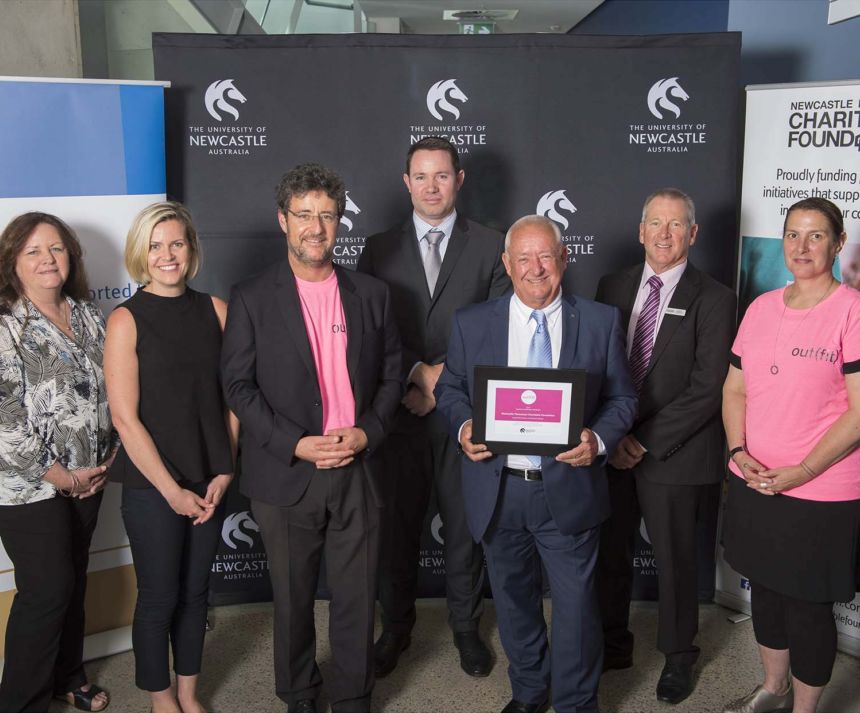 Marcia Chapman - Jenny's Place, Sarah Kiely - Port of Newcastle, Steven Weller - UON, Graham Batten, Phil Neat and David Shanley - Newcastle Permanent, Professor SueAnne Ware - UON/out(fit)